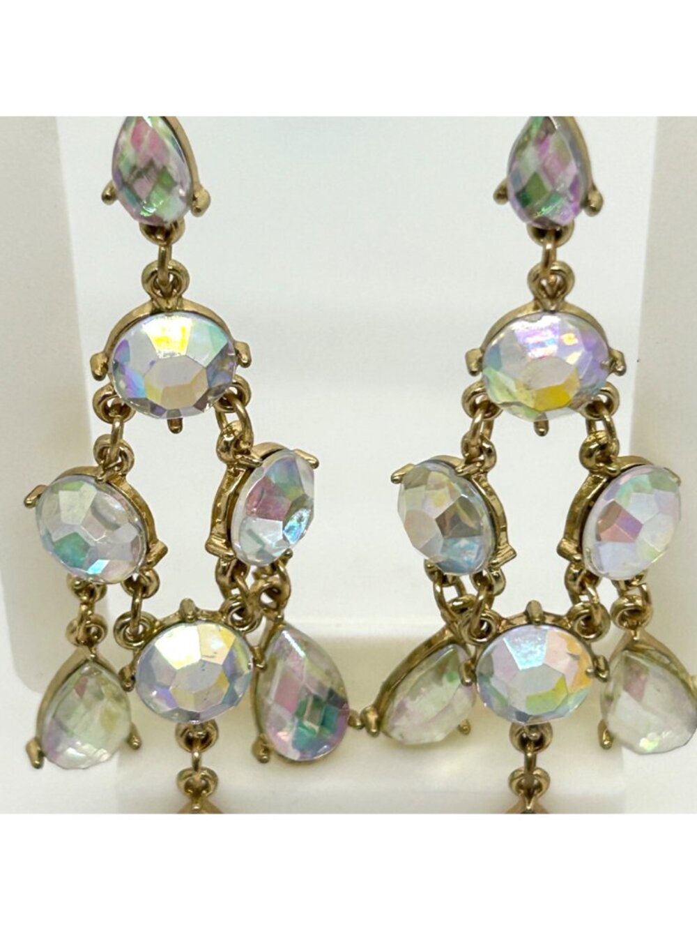 Vintage Gold Tone Aurora Borealis Earrings Acrylic Rhinestone Chandelier Dangle - Picture 3 of 10